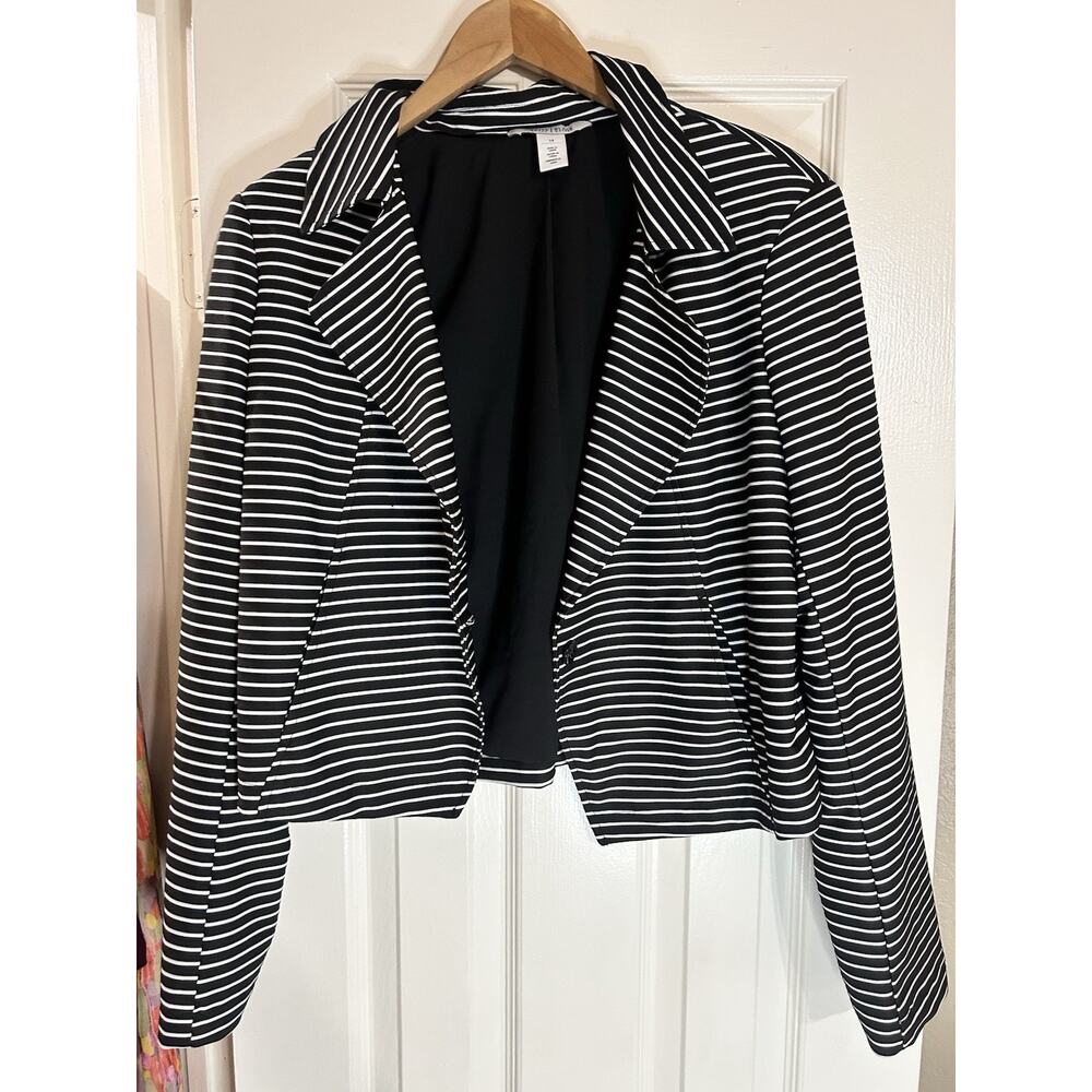 White House Black Market Blazer Black White Striped Collared Button Jacket Sz 14